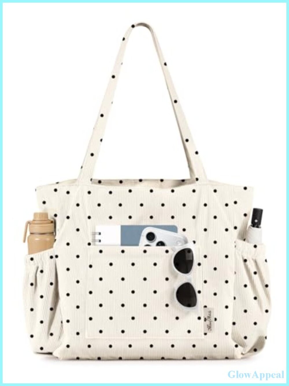 Corduroy Tote Bag Multi-Pocket with Zipper Large Capacity Foldable Women